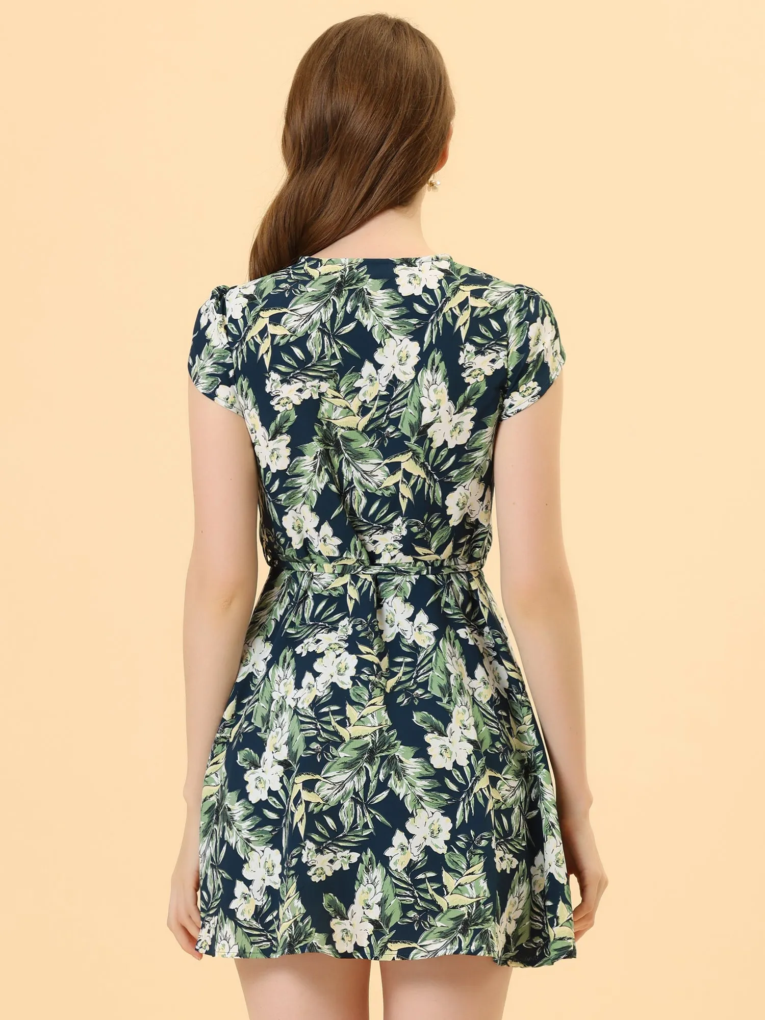 Boho Crossover V Neck Petal Sleeve Belted Floral Flowy Dress