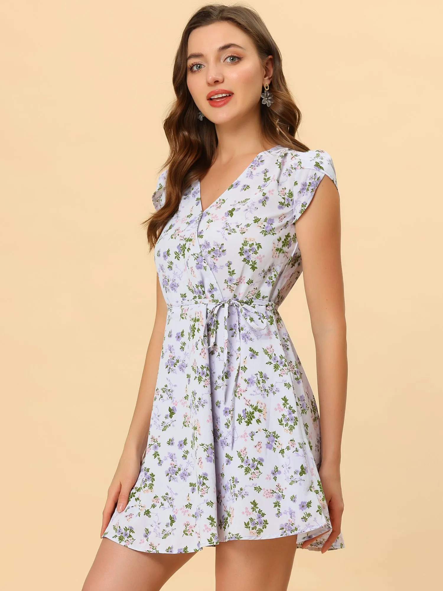 Boho Crossover V Neck Petal Sleeve Belted Floral Flowy Dress