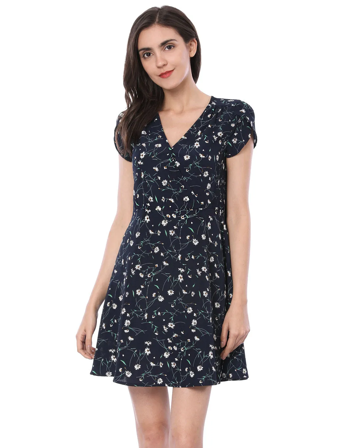 Boho Crossover V Neck Petal Sleeve Belted Floral Flowy Dress