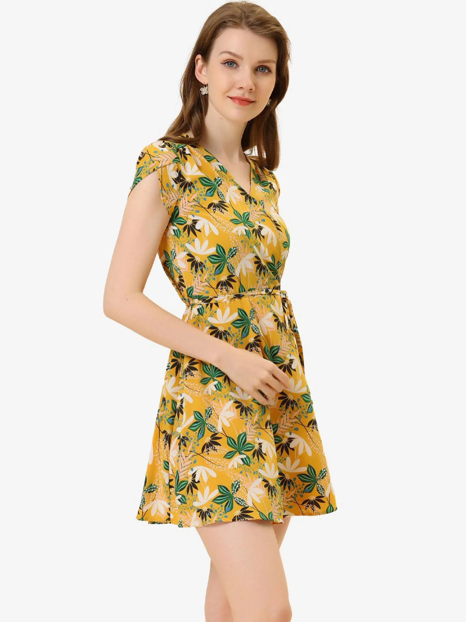 Boho Crossover V Neck Petal Sleeve Belted Floral Flowy Dress