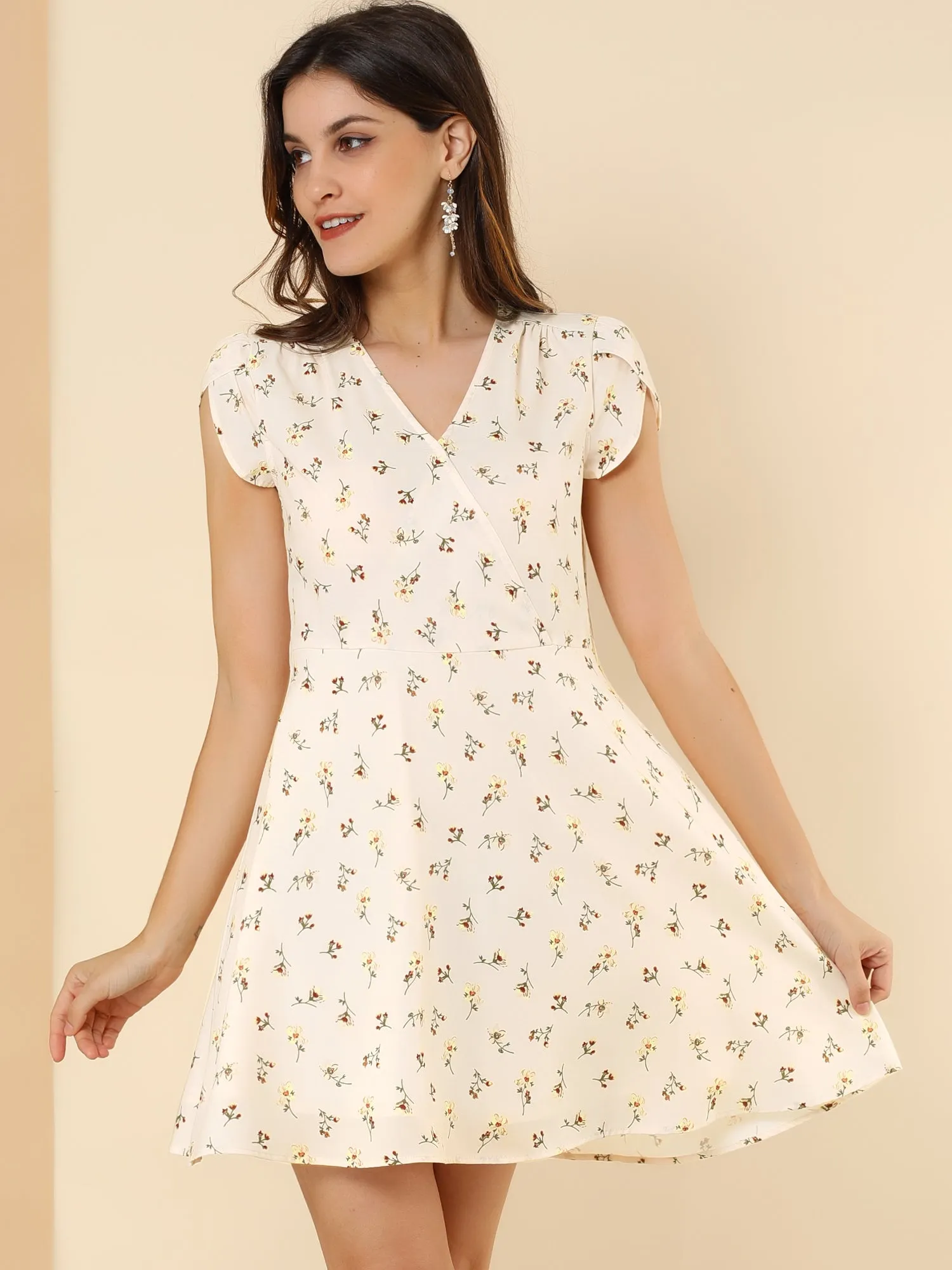 Boho Crossover V Neck Petal Sleeve Belted Floral Flowy Dress