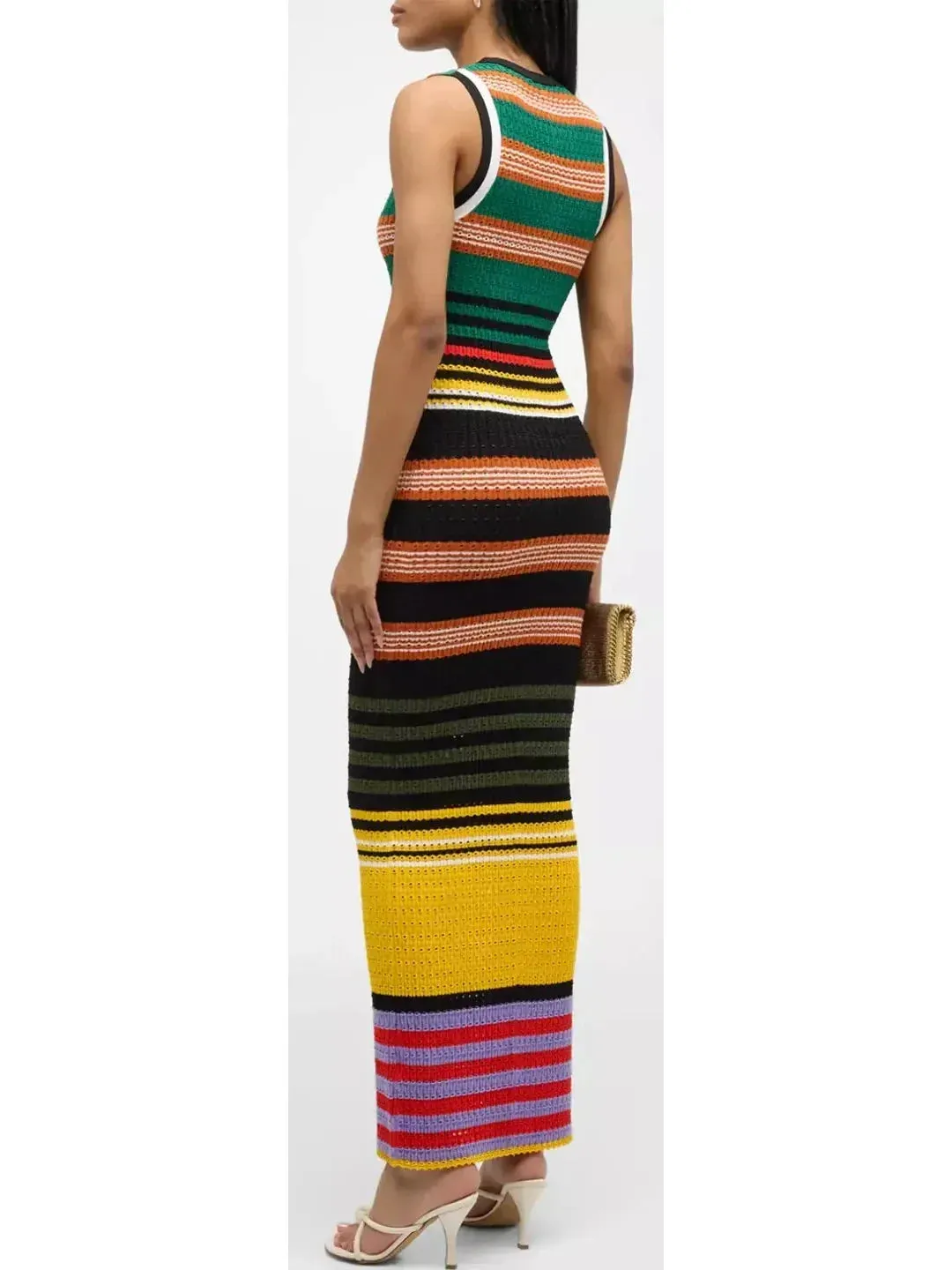 Bright Multicolored Striped Pointelle-Knit Sleeveless Maxi Dress