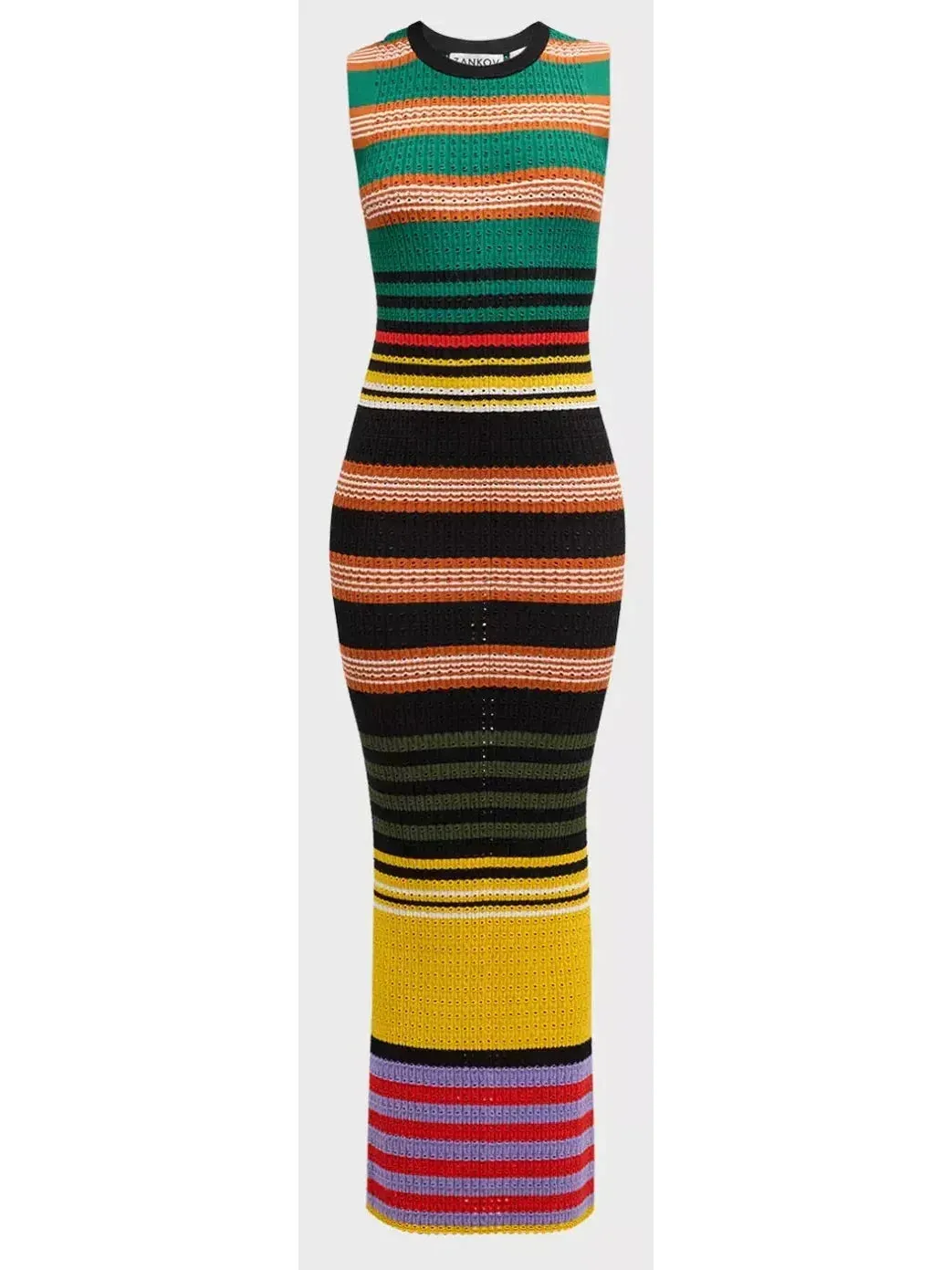 Bright Multicolored Striped Pointelle-Knit Sleeveless Maxi Dress