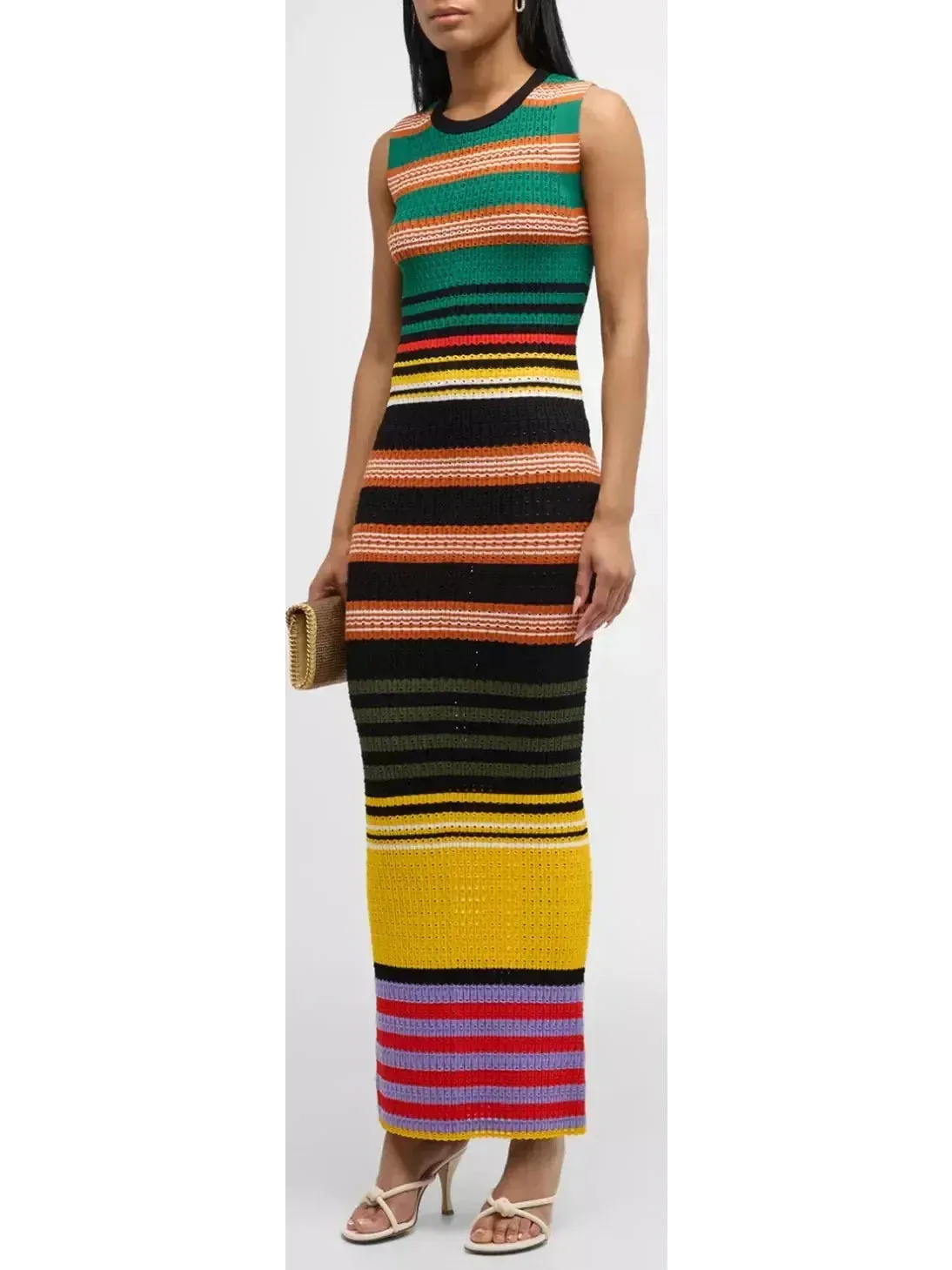 Bright Multicolored Striped Pointelle-Knit Sleeveless Maxi Dress