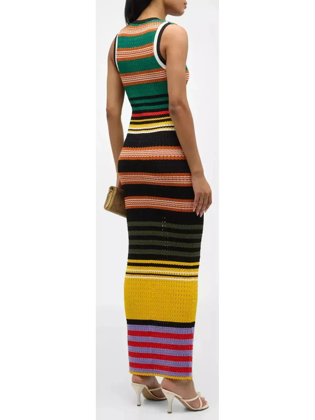 Bright Multicolored Striped Pointelle-Knit Sleeveless Maxi Dress