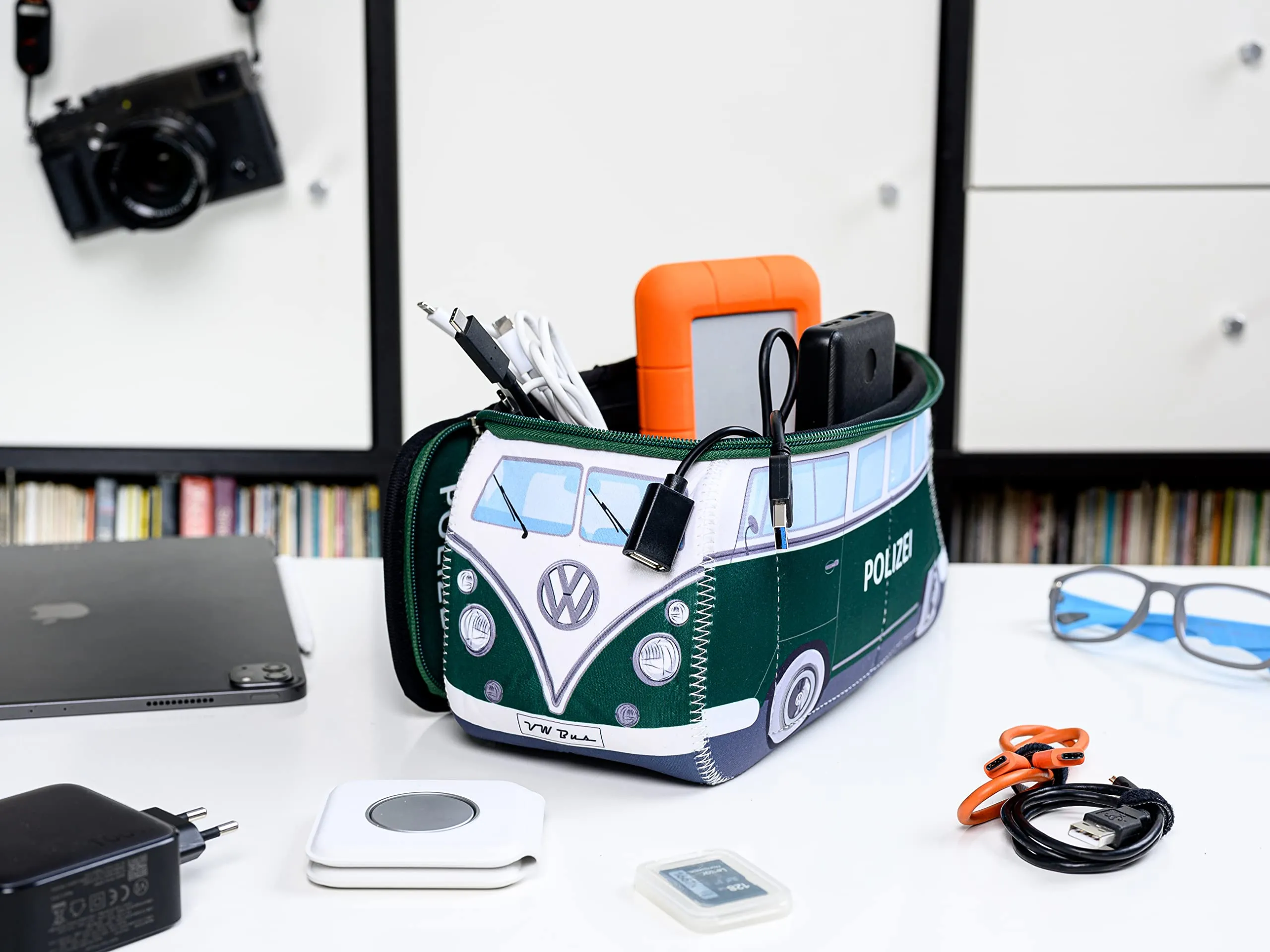 BRISA VW Collection - Volkswagen Neoprene Universal Makeup Cosmetics Toiletry Travel Pharmacy Bag in T1 Bus Design (Police/Green) (Small (9.1 x 4.3 x 3.1 inches))