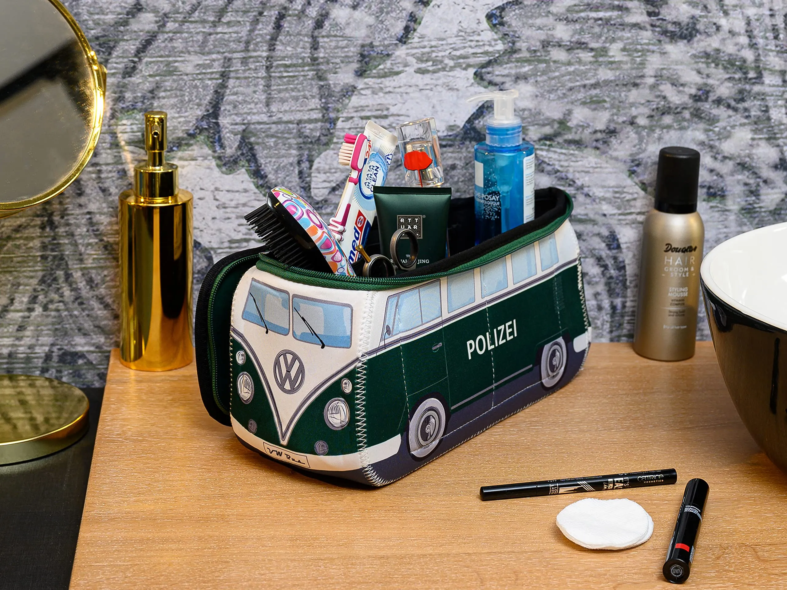 BRISA VW Collection - Volkswagen Neoprene Universal Makeup Cosmetics Toiletry Travel Pharmacy Bag in T1 Bus Design (Police/Green) (Small (9.1 x 4.3 x 3.1 inches))