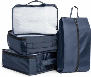 Brookstone 4-Piece Packing Cube Set Apparel Luggage Organizer and Shoe Bag, Travel Essentials, Navy