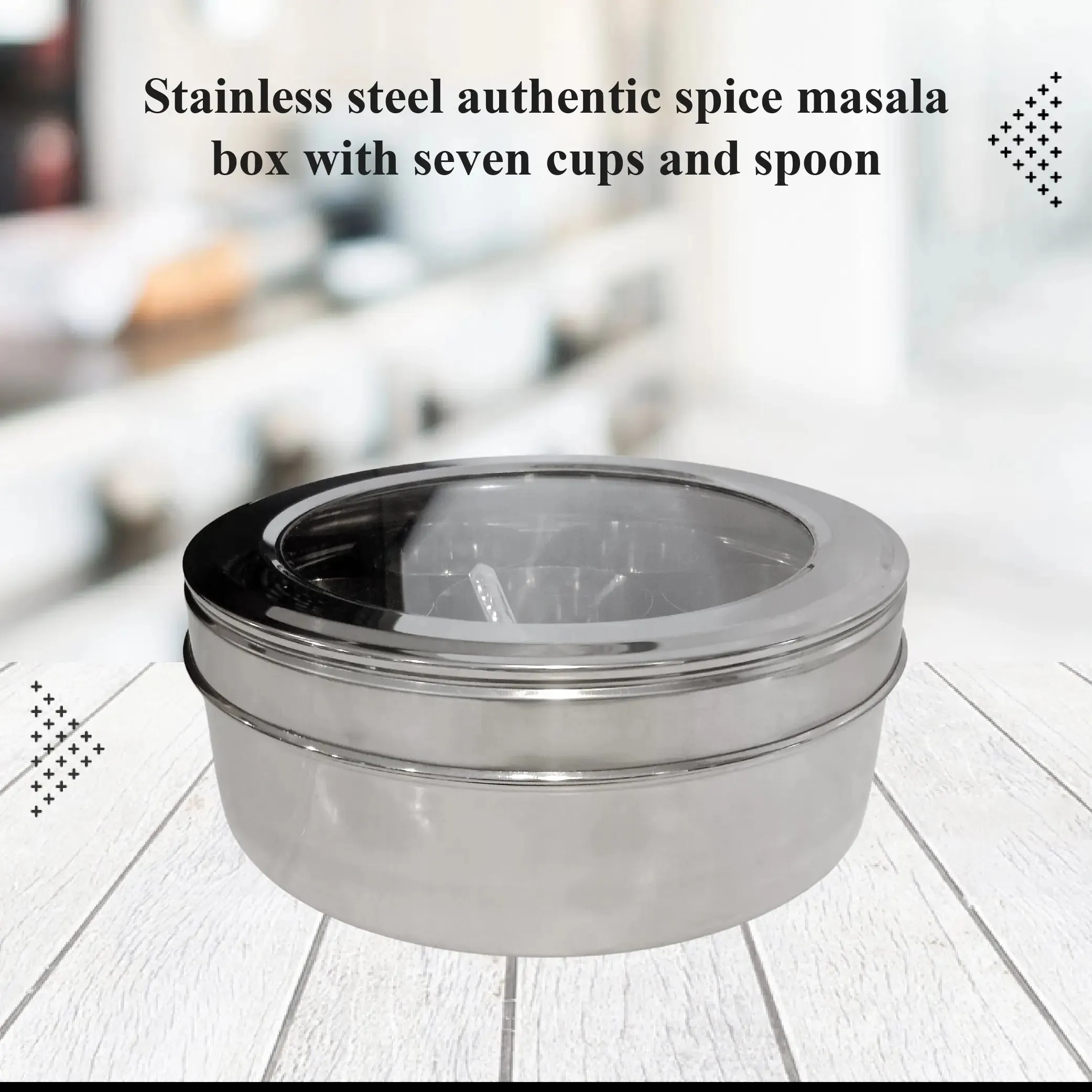 Buckingham Stainless Steel Masala Dabba Spice Box Set  22.5 cm with 7 Inner Cups 1 Spoon and Acrylic Stainless Steel Lid Traditional Indian Spice Box for Kitchen Storage and Cooking