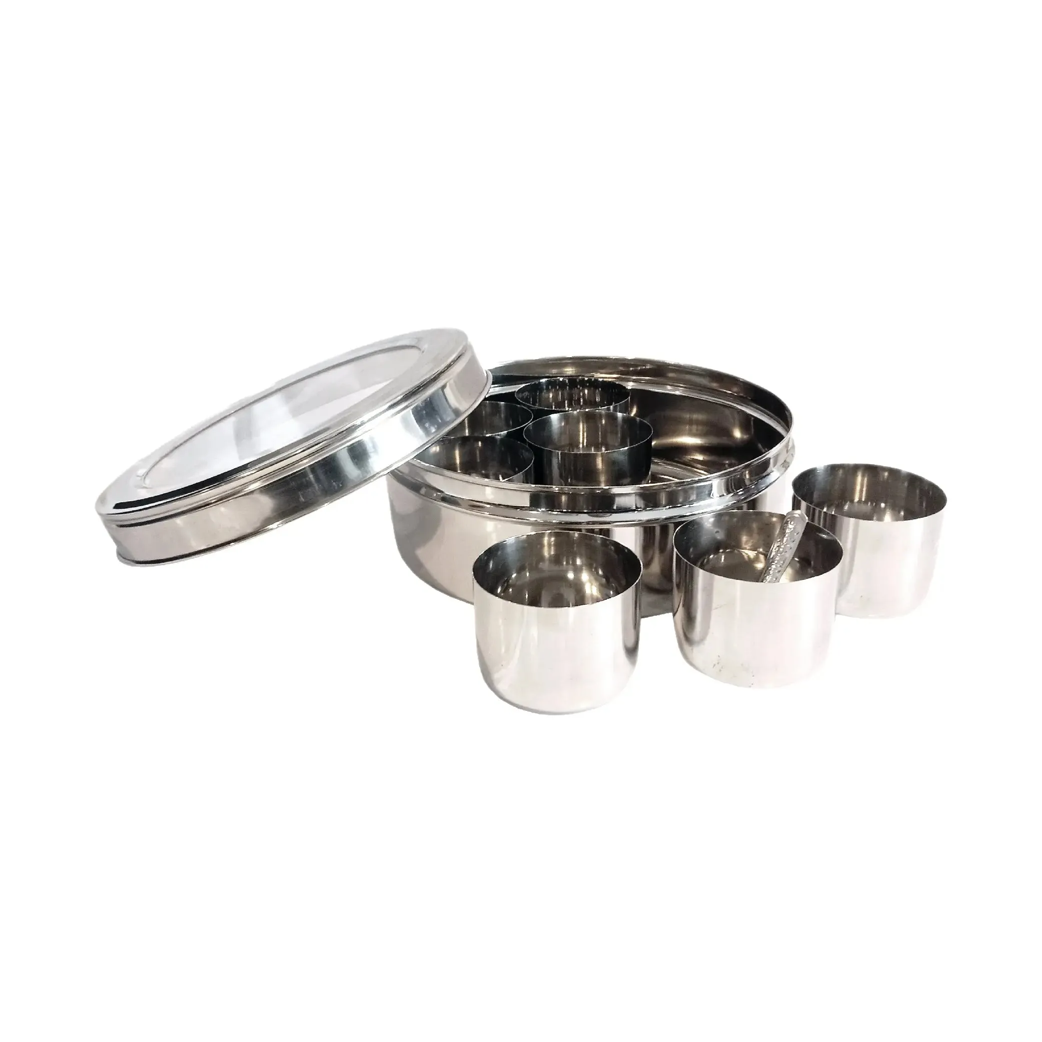 Buckingham Stainless Steel Masala Dabba Spice Box Set  22.5 cm with 7 Inner Cups 1 Spoon and Acrylic Stainless Steel Lid Traditional Indian Spice Box for Kitchen Storage and Cooking