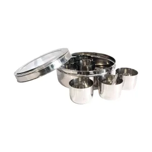 Buckingham Stainless Steel Masala Dabba Spice Box Set  22.5 cm with 7 Inner Cups 1 Spoon and Acrylic Stainless Steel Lid Traditional Indian Spice Box for Kitchen Storage and Cooking