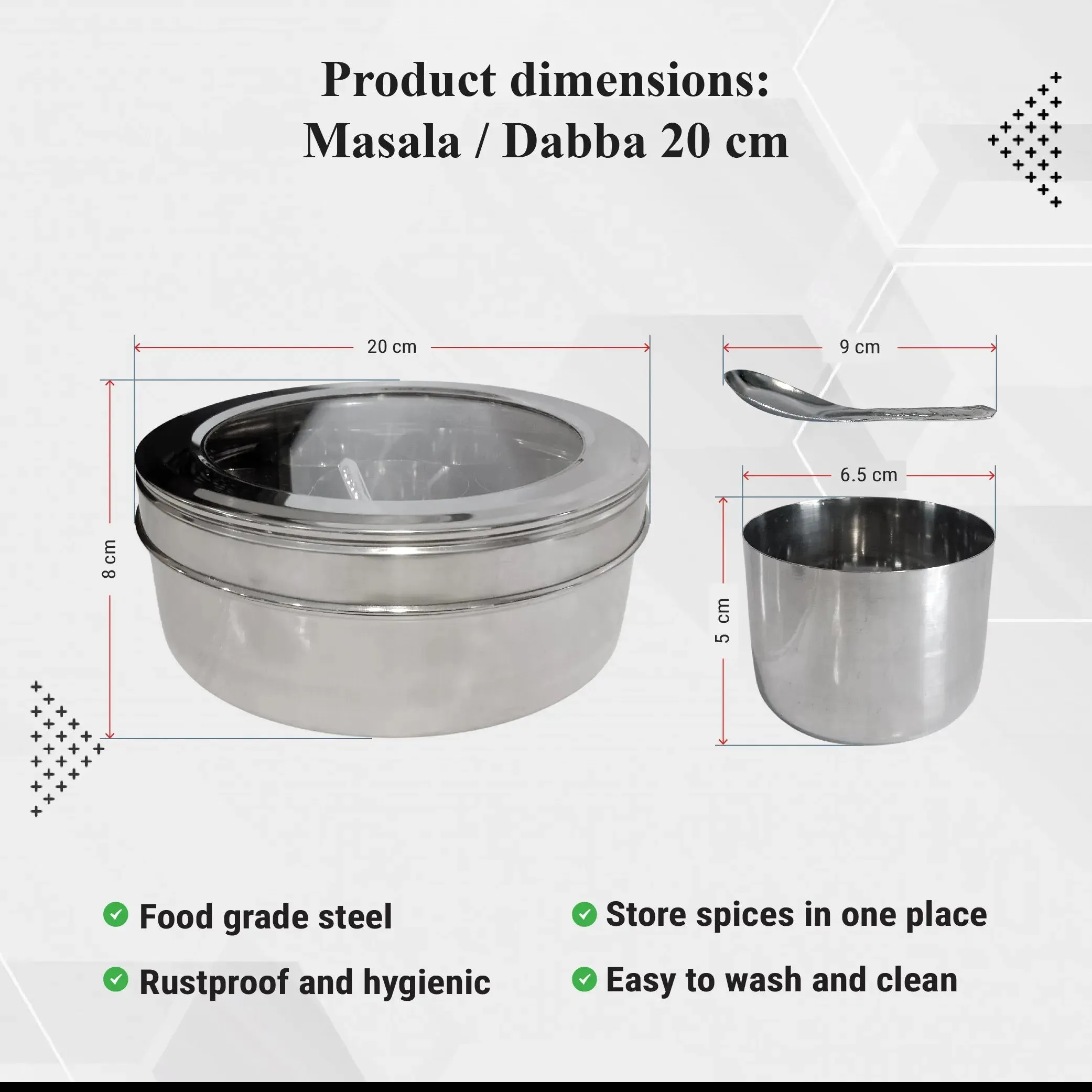 Buckingham Stainless Steel Masala Dabba Spice Box Set  22.5 cm with 7 Inner Cups 1 Spoon and Acrylic Stainless Steel Lid Traditional Indian Spice Box for Kitchen Storage and Cooking