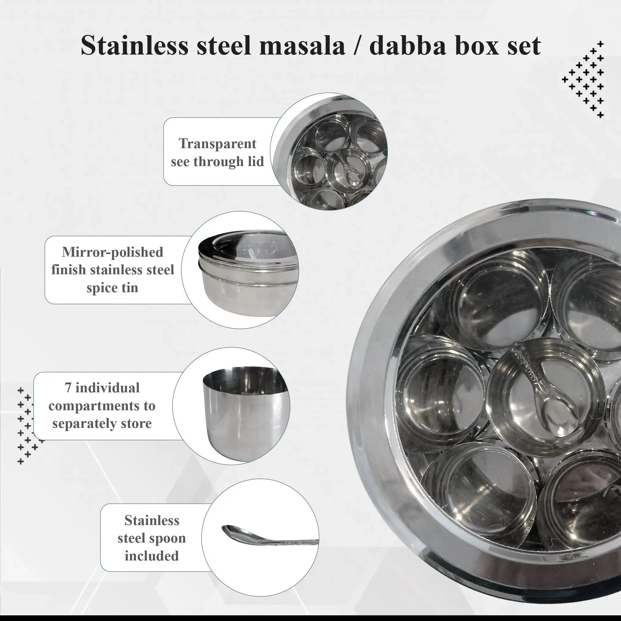 Buckingham Stainless Steel Masala Dabba Spice Box Set  22.5 cm with 7 Inner Cups 1 Spoon and Acrylic Stainless Steel Lid Traditional Indian Spice Box for Kitchen Storage and Cooking