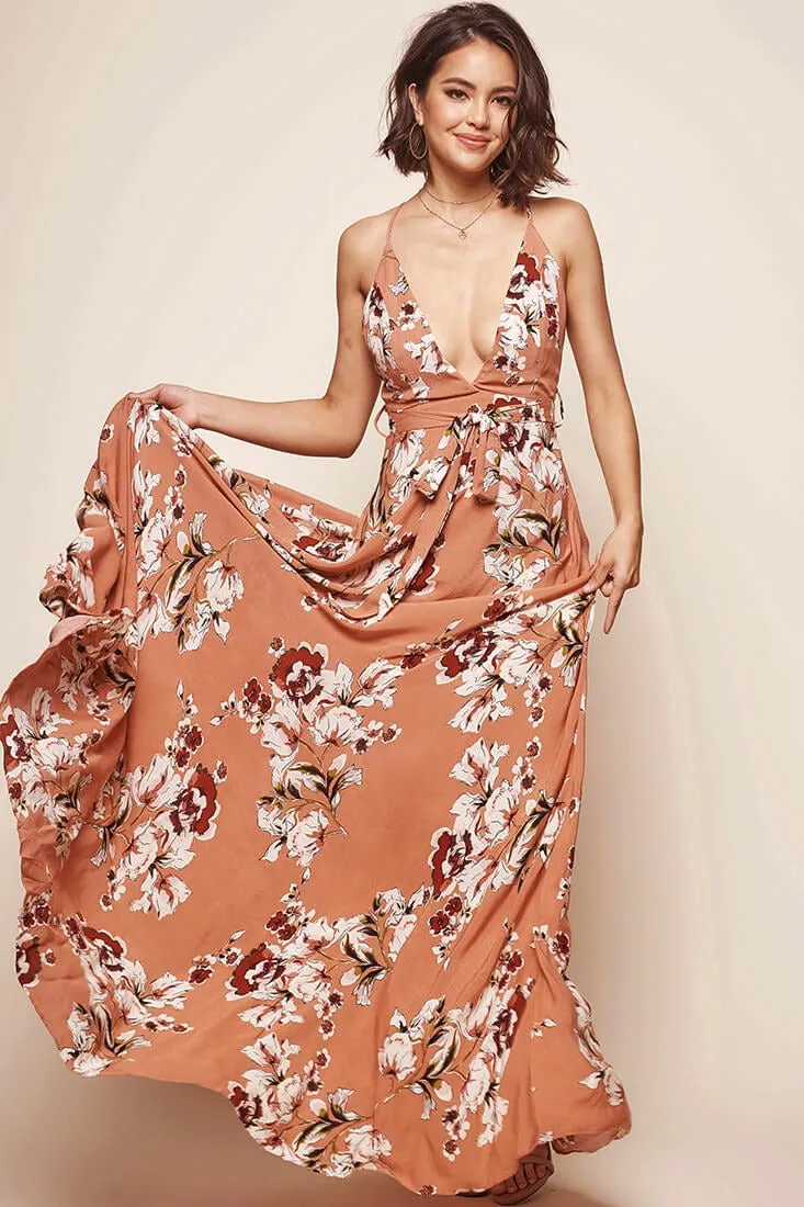 Calabasas Floral Waist Tie Maxi Dress Rose