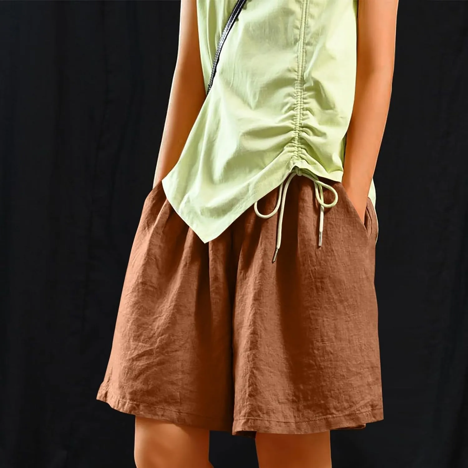 Casual Shorts for Women Dressy Drawstring High Waist Wide Leg 2025 Summer Beach Ruffle Solid Color Outfits with 2 Pockets