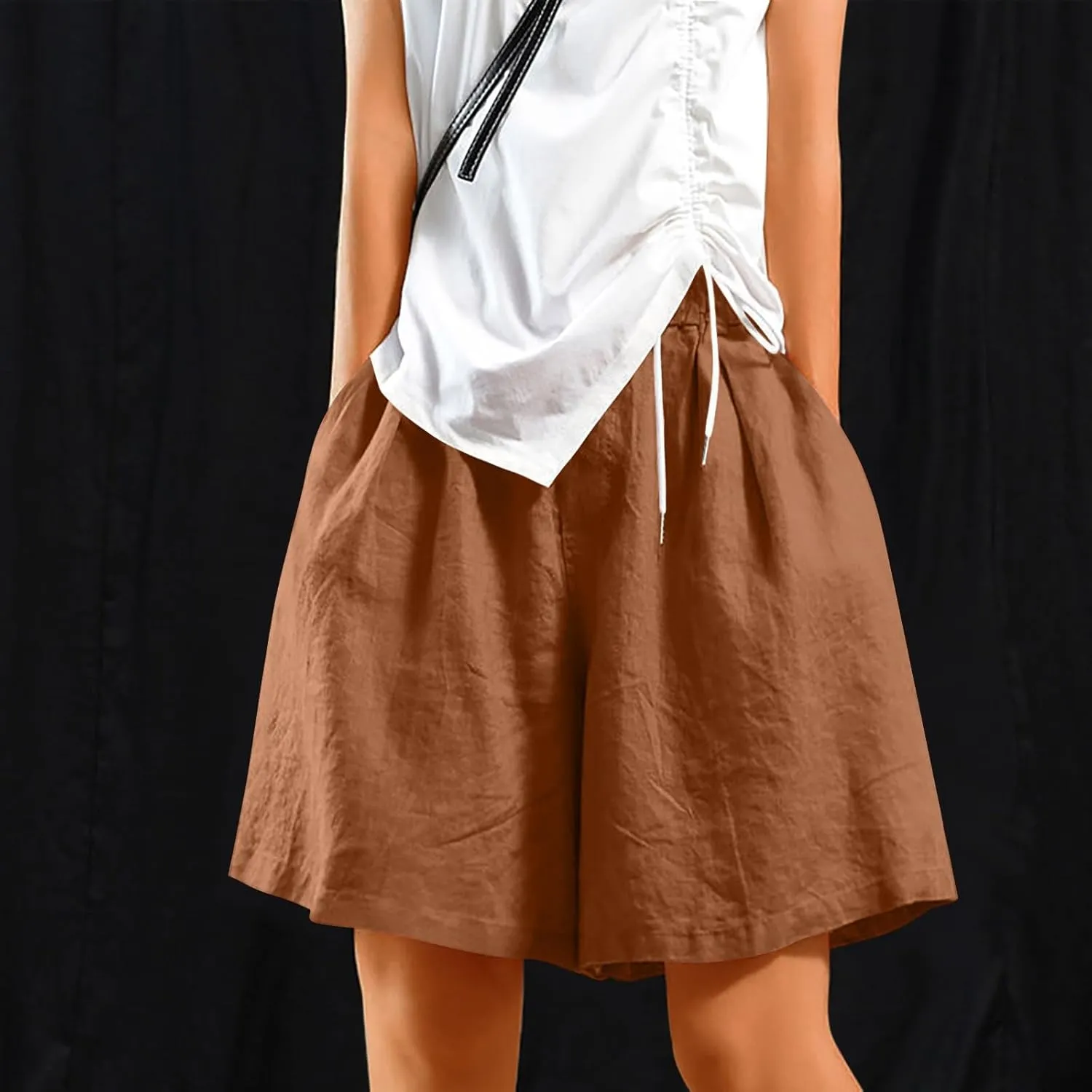 Casual Shorts for Women Dressy Drawstring High Waist Wide Leg 2025 Summer Beach Ruffle Solid Color Outfits with 2 Pockets