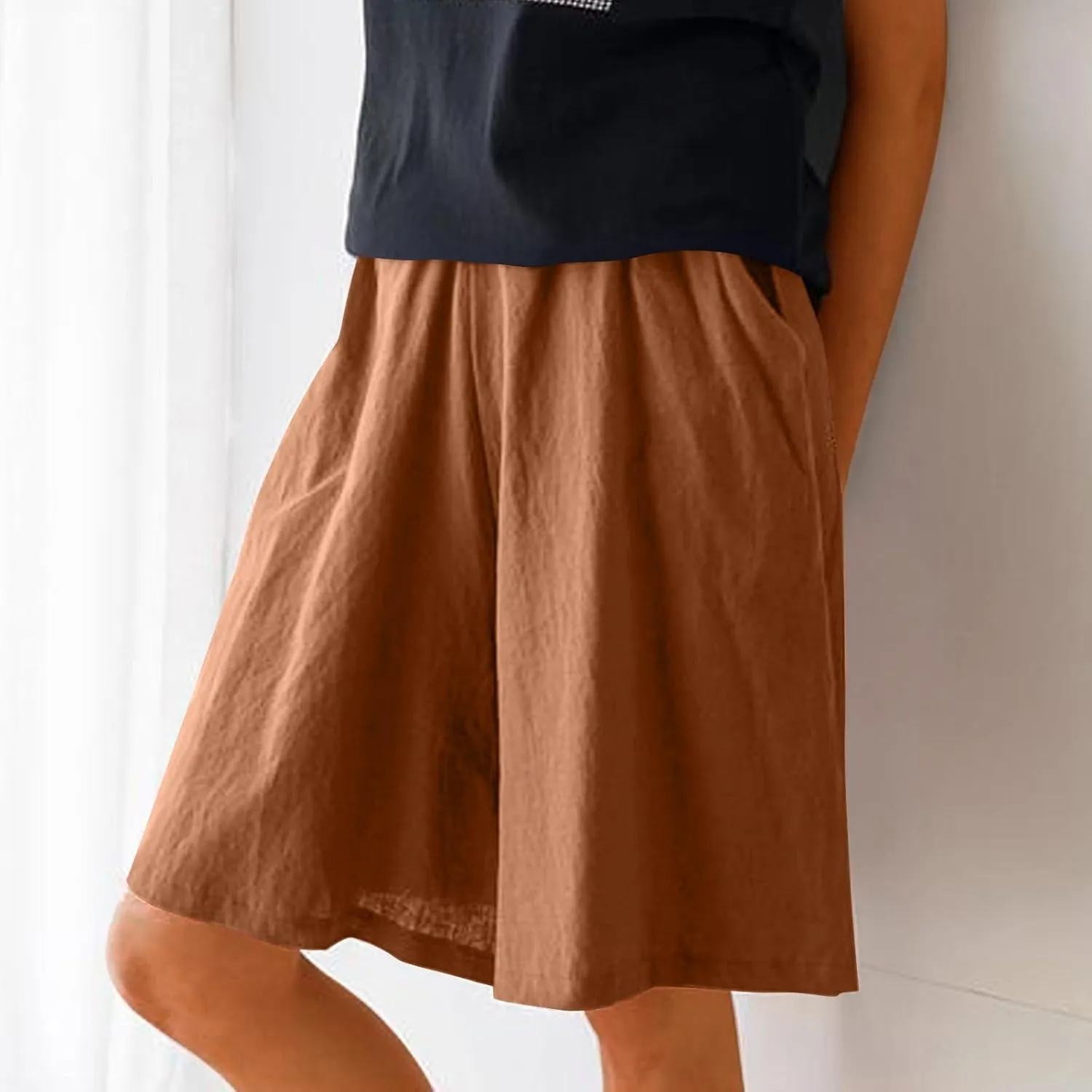 Casual Shorts for Women Dressy Drawstring High Waist Wide Leg 2025 Summer Beach Ruffle Solid Color Outfits with 2 Pockets