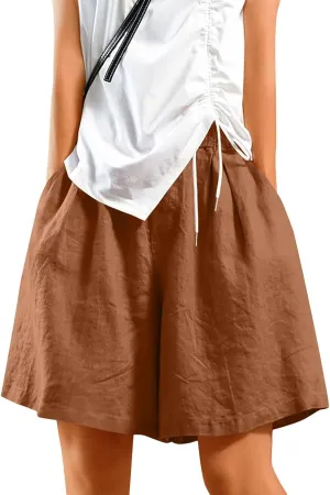 Casual Shorts for Women Dressy Drawstring High Waist Wide Leg 2025 Summer Beach Ruffle Solid Color Outfits with 2 Pockets