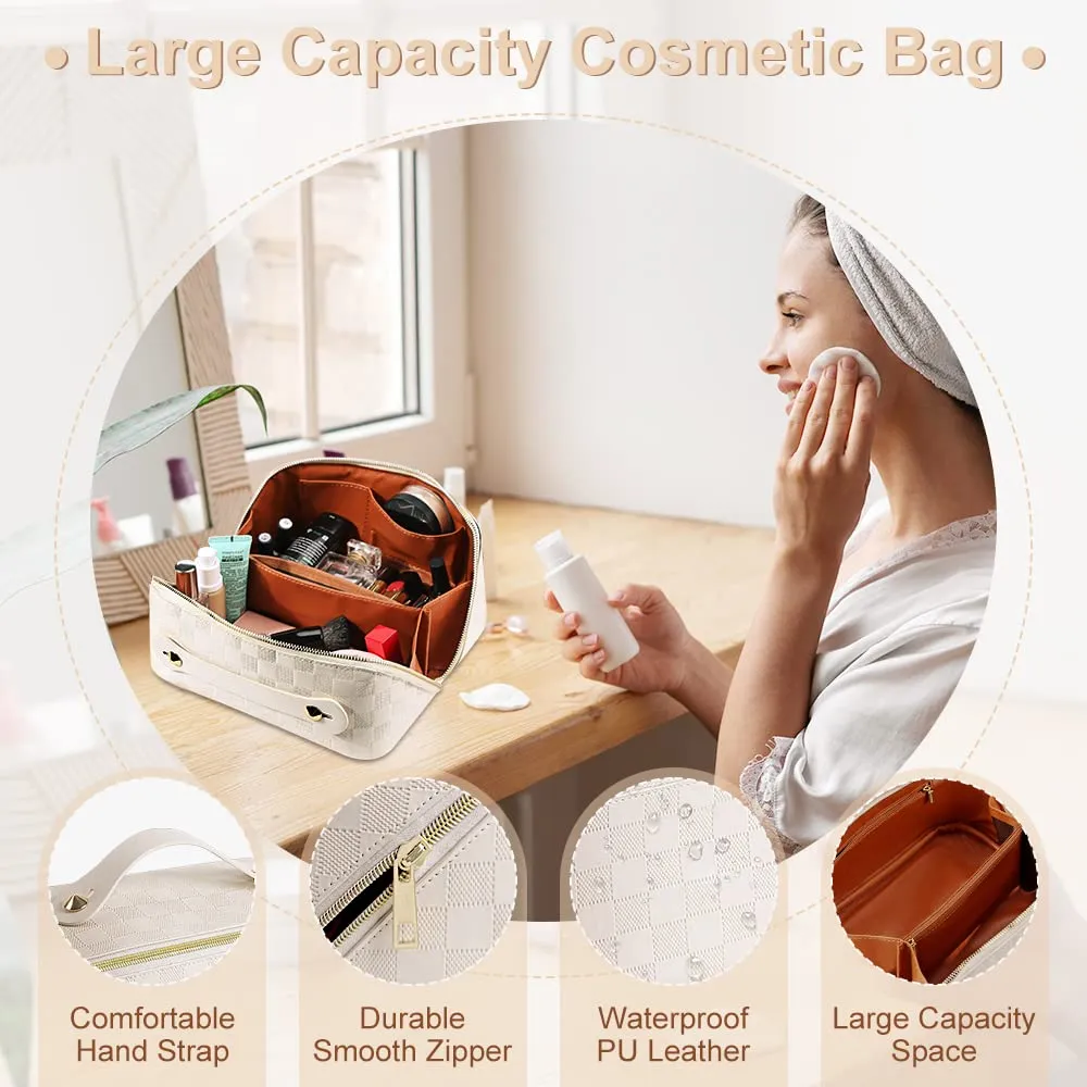 Cessfle Travel Makeup Bag, Checkered Makeup Bag Large Capacity Cosmetic Bag, Parallel Makeup Bag Large Makeup Bags for Women with Handle and Divider