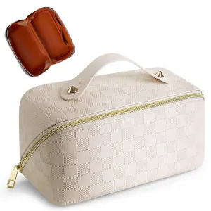 Cessfle Travel Makeup Bag, Checkered Makeup Bag Large Capacity Cosmetic Bag, Parallel Makeup Bag Large Makeup Bags for Women with Handle and Divider