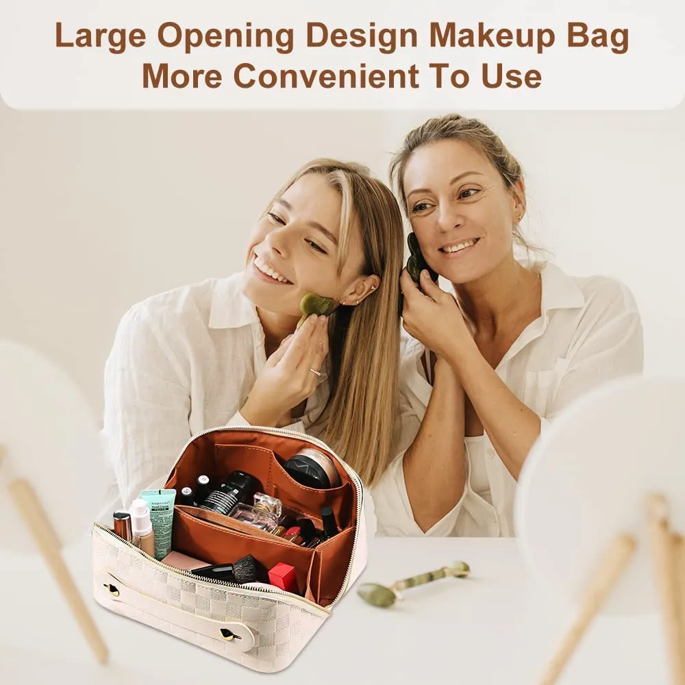 Cessfle Travel Makeup Bag, Checkered Makeup Bag Large Capacity Cosmetic Bag, Parallel Makeup Bag Large Makeup Bags for Women with Handle and Divider