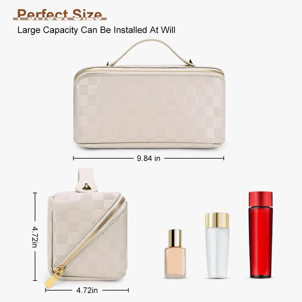 Cessfle Travel Makeup Bag, Checkered Makeup Bag Large Capacity Cosmetic Bag, Parallel Makeup Bag Large Makeup Bags for Women with Handle and Divider