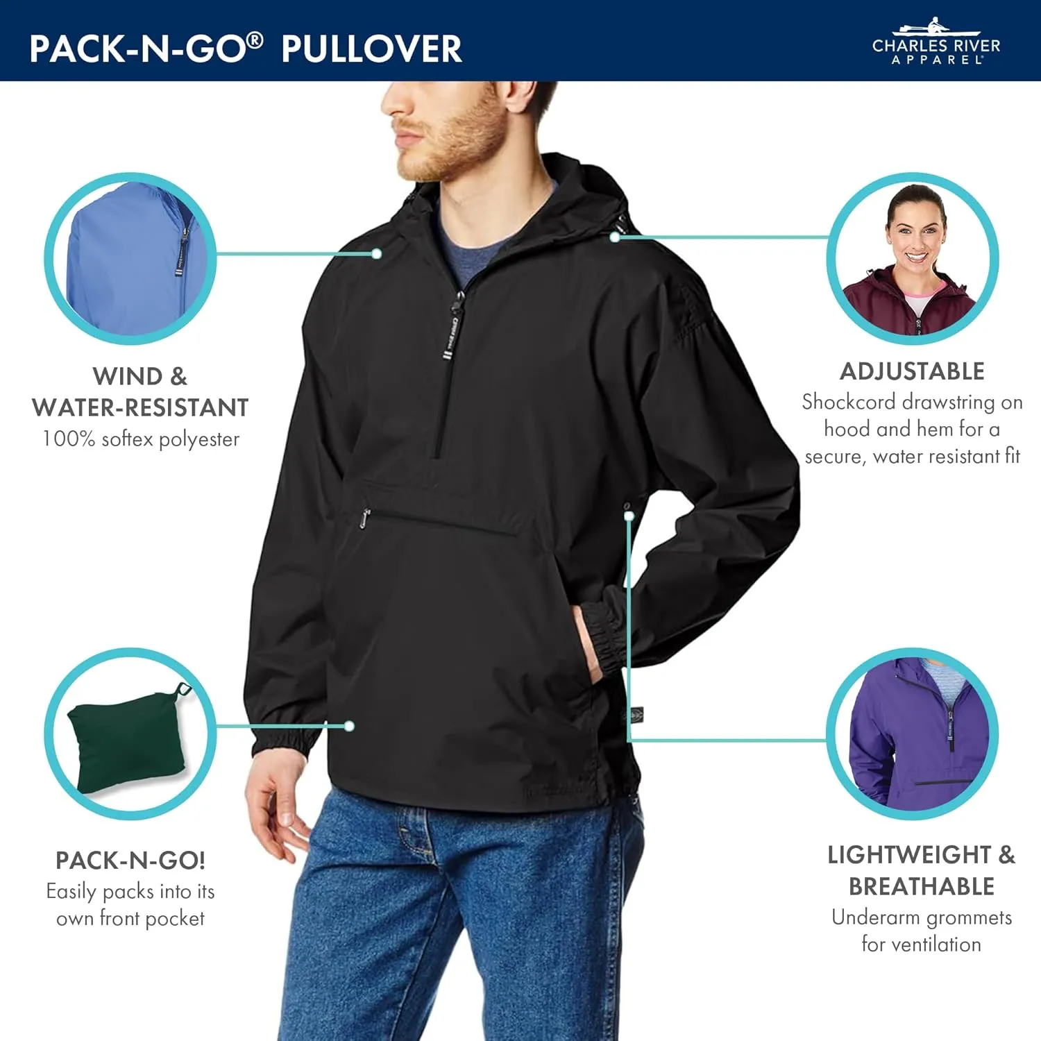 Charles River Pack-n-go Wind & Water-resistant Pullover (Reg/Ext Sizes)
