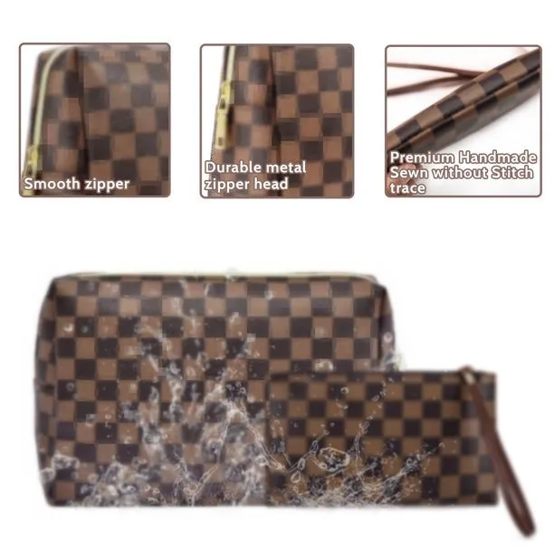 Checkered Makeup Bag;  BAGMIND 2Pcs Travel Cosmetic Bags;  Portable Toiletry Organizer for Women;  Lightweight and Waterproof Leather Toiletries Bag for Girl Friend Wife Christmas Gifts;  Brown