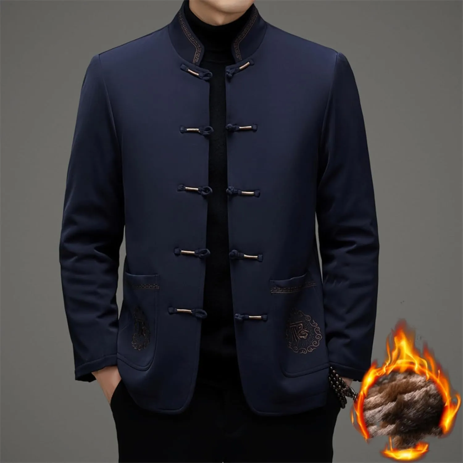 Chinese-Style Men's Coat with Stand-Up Collar and Warm, Retro Cotton-Padded Tang Suit