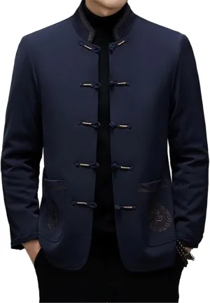 Chinese-Style Men's Coat with Stand-Up Collar and Warm, Retro Cotton-Padded Tang Suit
