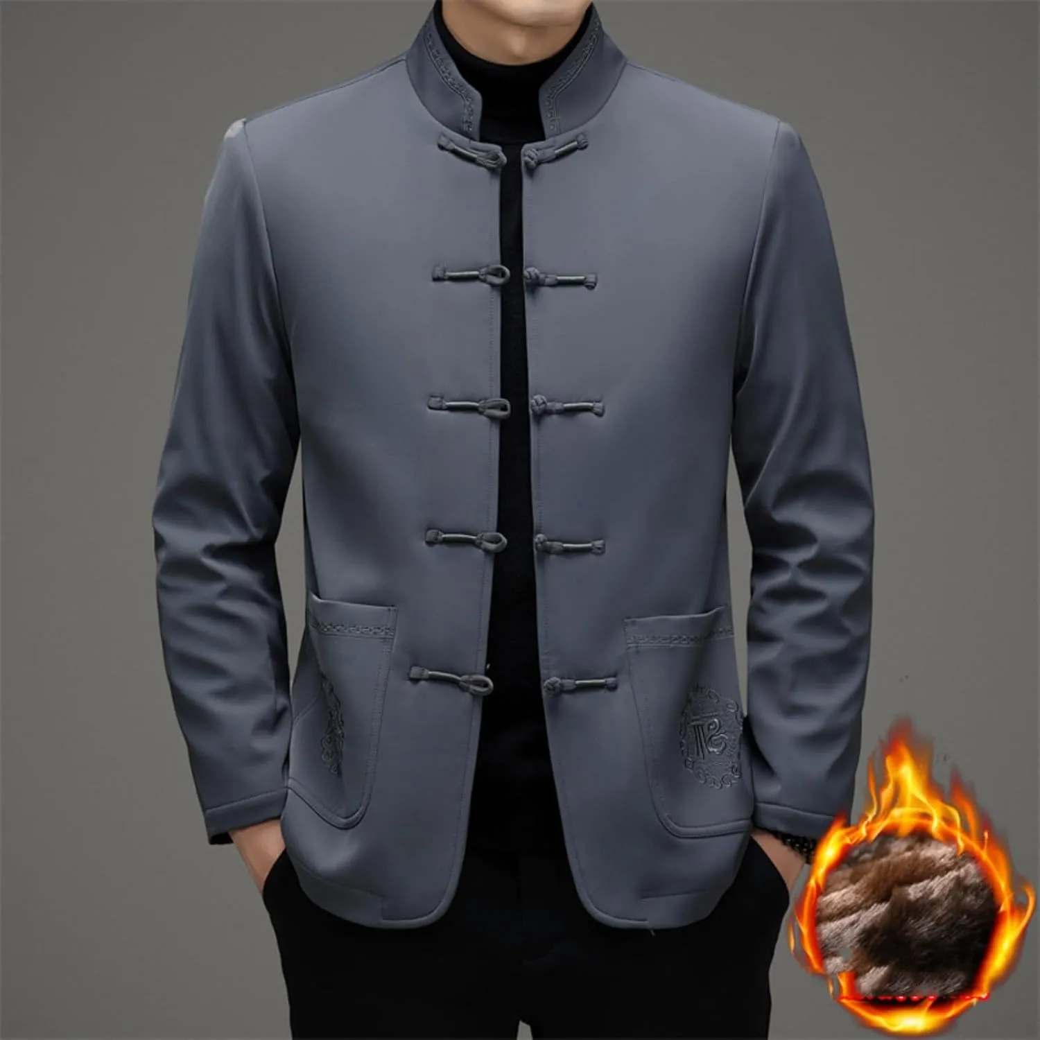Chinese-Style Men's Coat with Stand-Up Collar and Warm, Retro Cotton-Padded Tang Suit