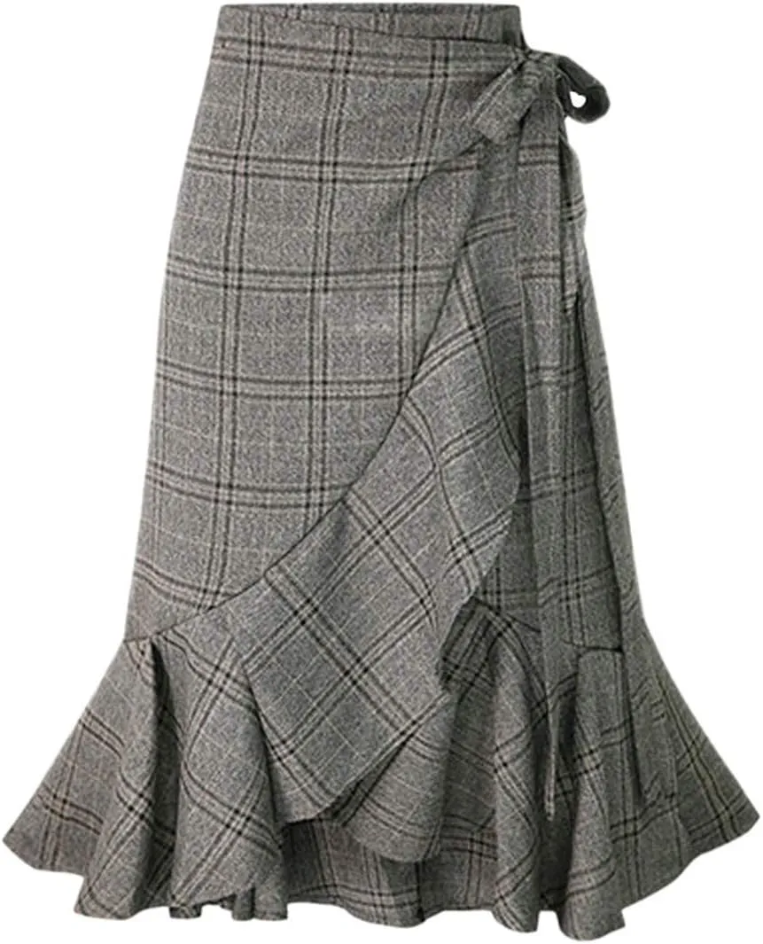 chouyatou Women's Elegant Work Wear Adjustable Waist Flounce A-Line Plaid Midi Wrap Skirt