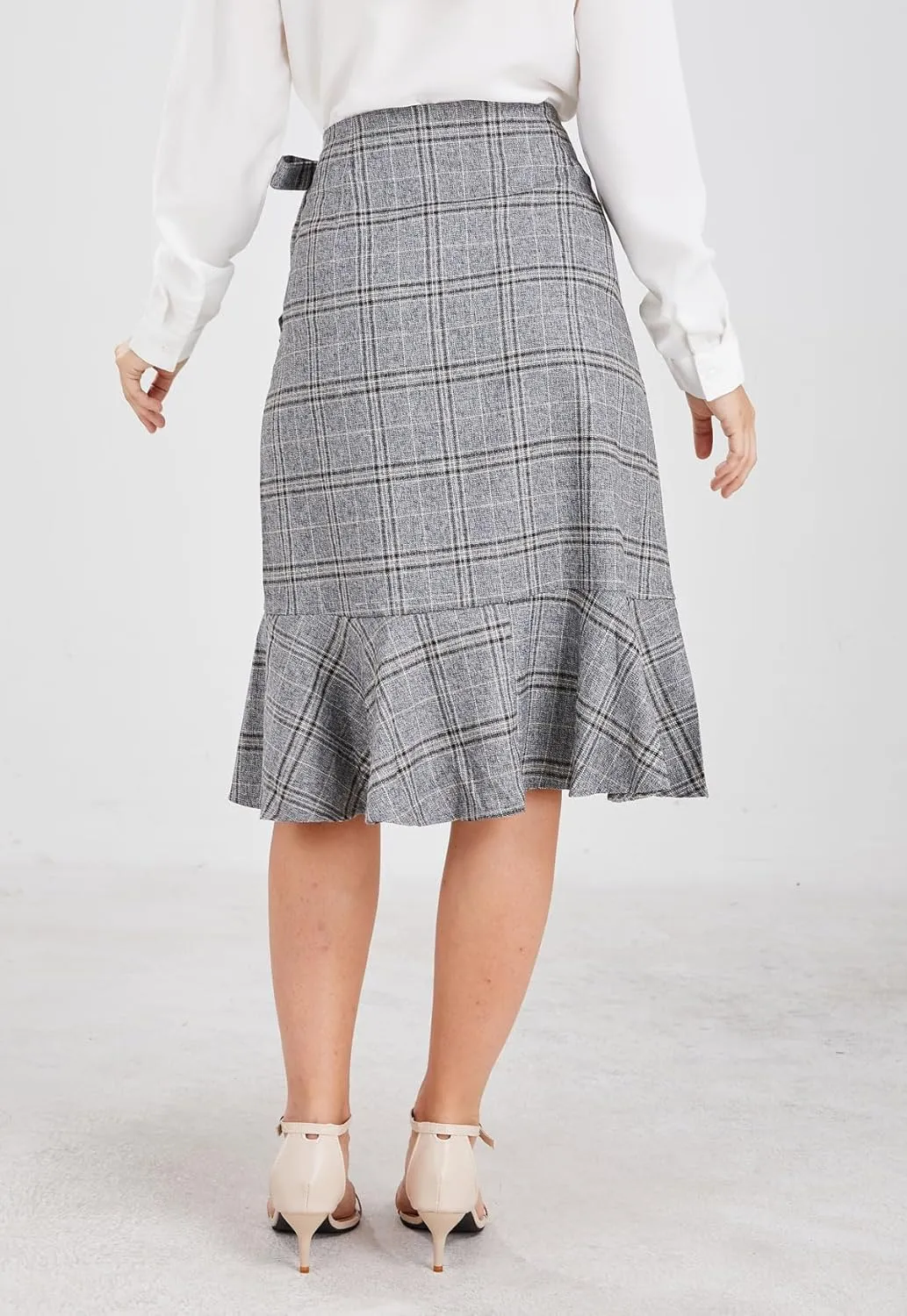chouyatou Women's Elegant Work Wear Adjustable Waist Flounce A-Line Plaid Midi Wrap Skirt