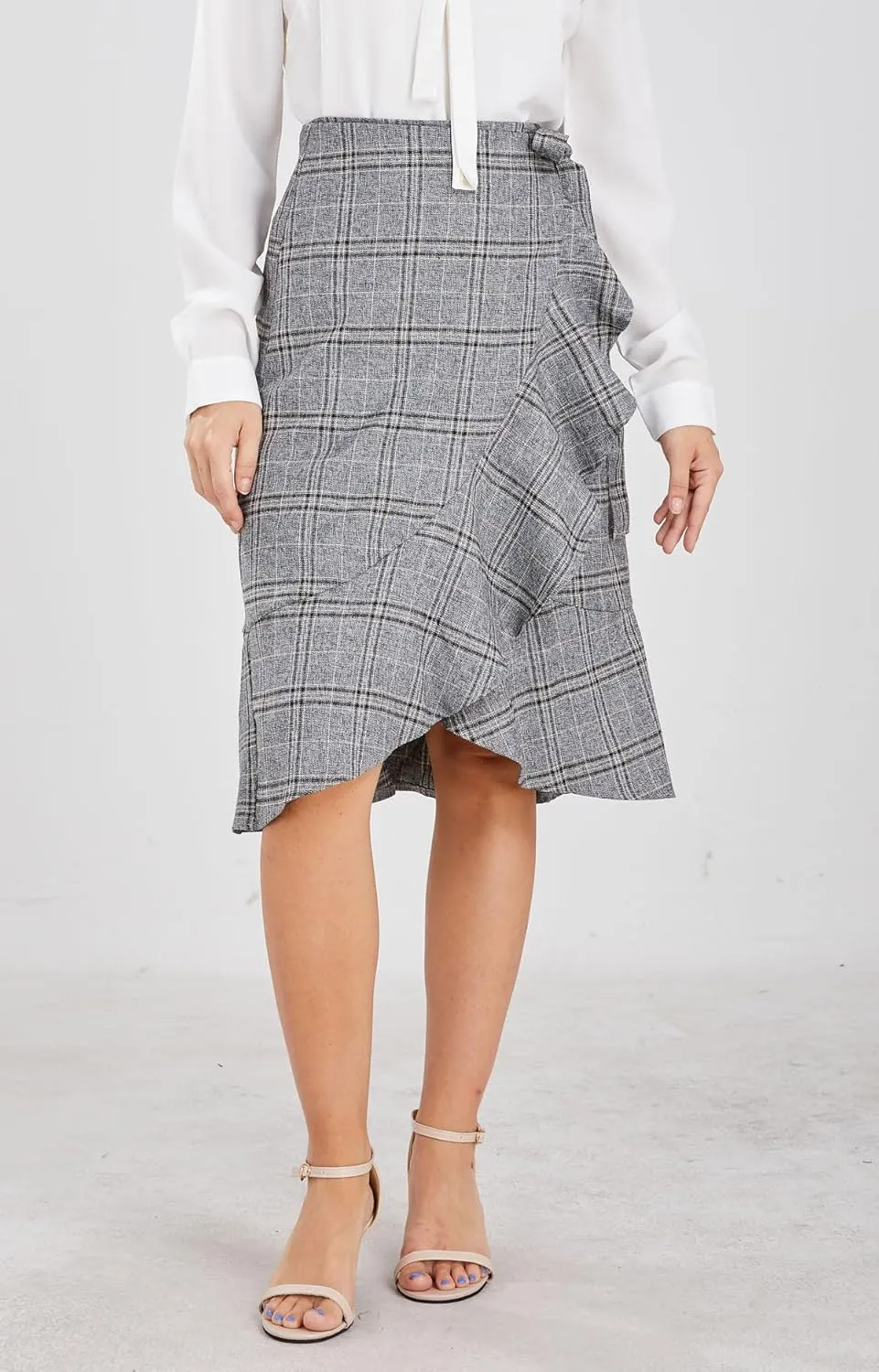 chouyatou Women's Elegant Work Wear Adjustable Waist Flounce A-Line Plaid Midi Wrap Skirt