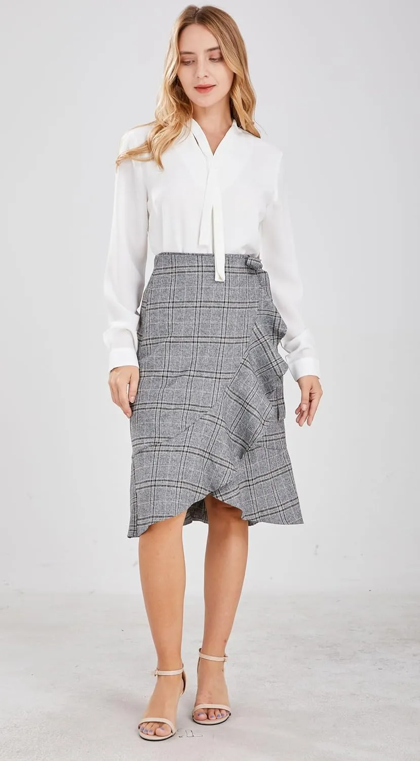 chouyatou Women's Elegant Work Wear Adjustable Waist Flounce A-Line Plaid Midi Wrap Skirt