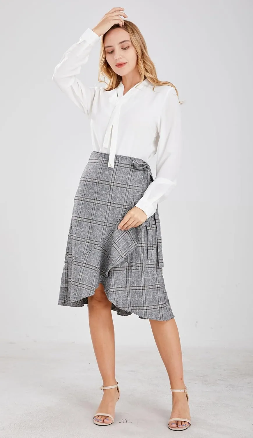 chouyatou Women's Elegant Work Wear Adjustable Waist Flounce A-Line Plaid Midi Wrap Skirt