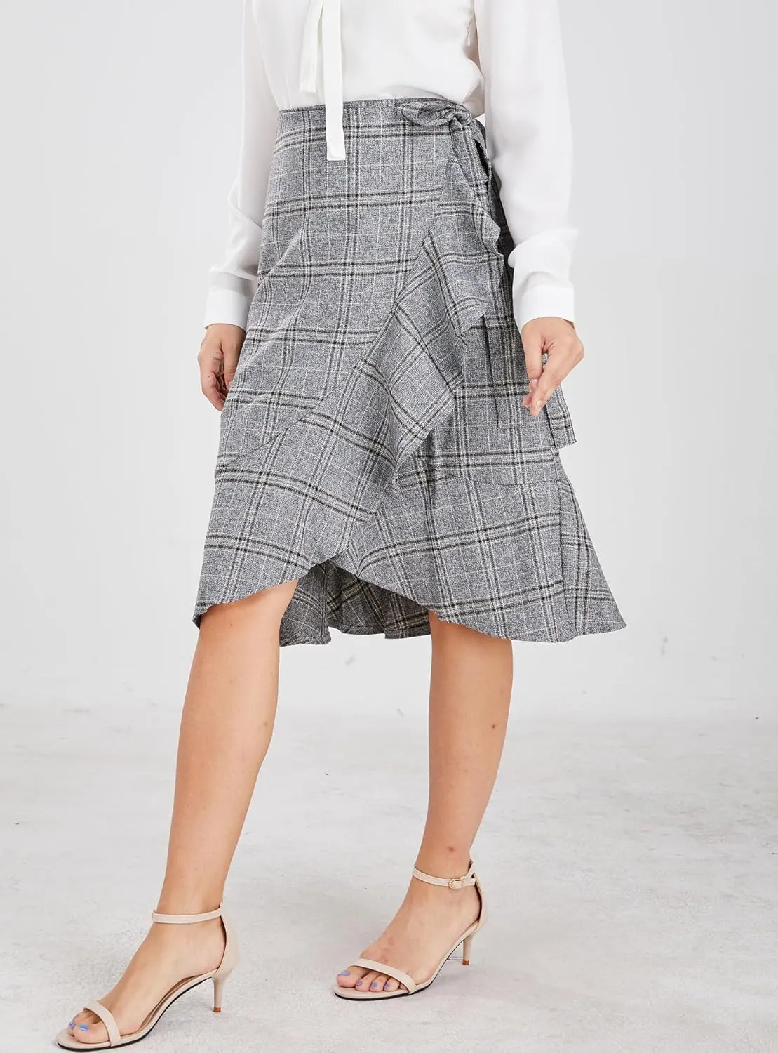 chouyatou Women's Elegant Work Wear Adjustable Waist Flounce A-Line Plaid Midi Wrap Skirt