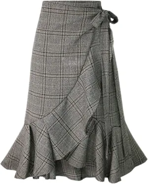 chouyatou Women's Elegant Work Wear Adjustable Waist Flounce A-Line Plaid Midi Wrap Skirt