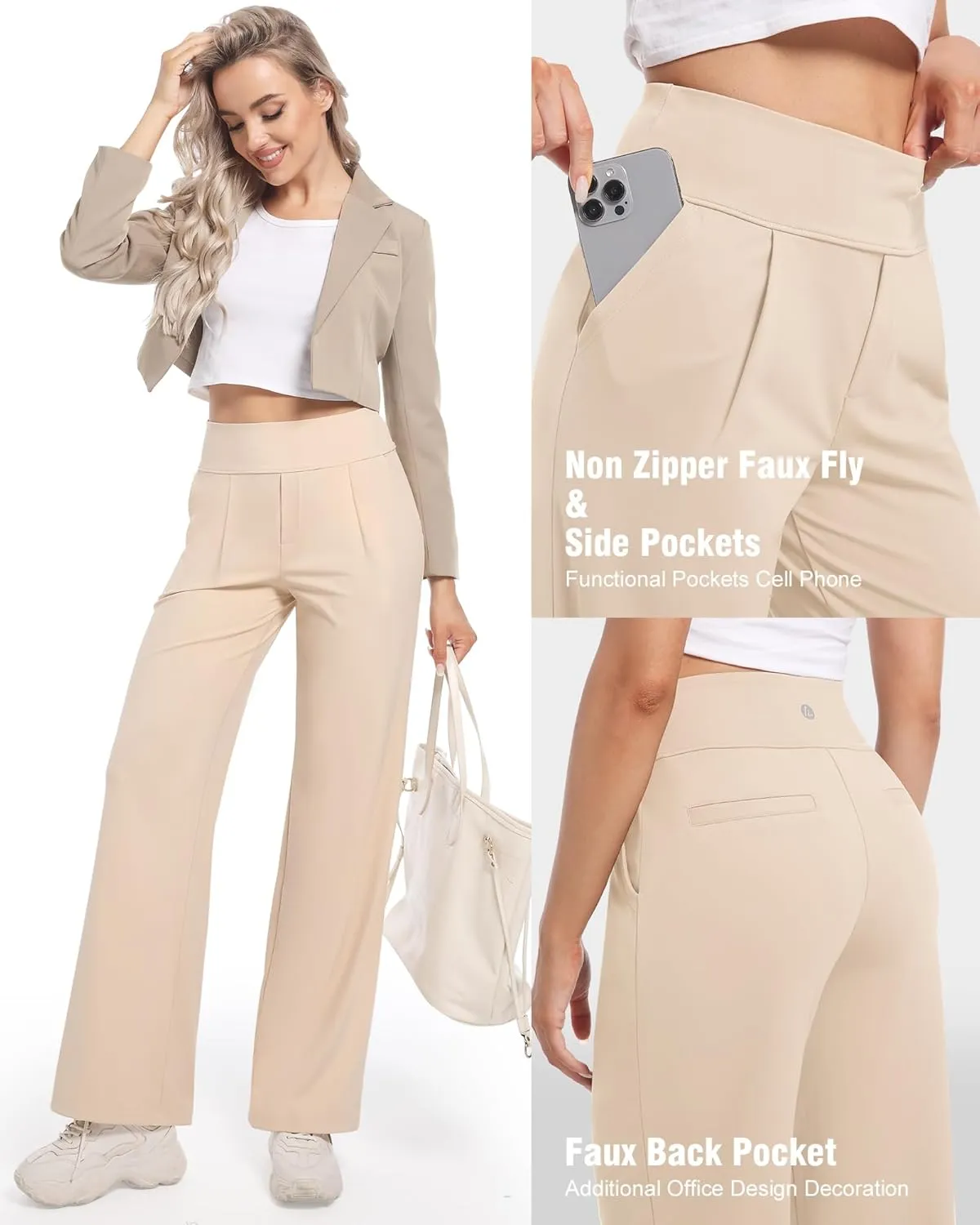 CL convallaria Womens Wide Leg Yoga Pants with Pockets Stretch Trousers Business Casual Dress Pant Petite Regular