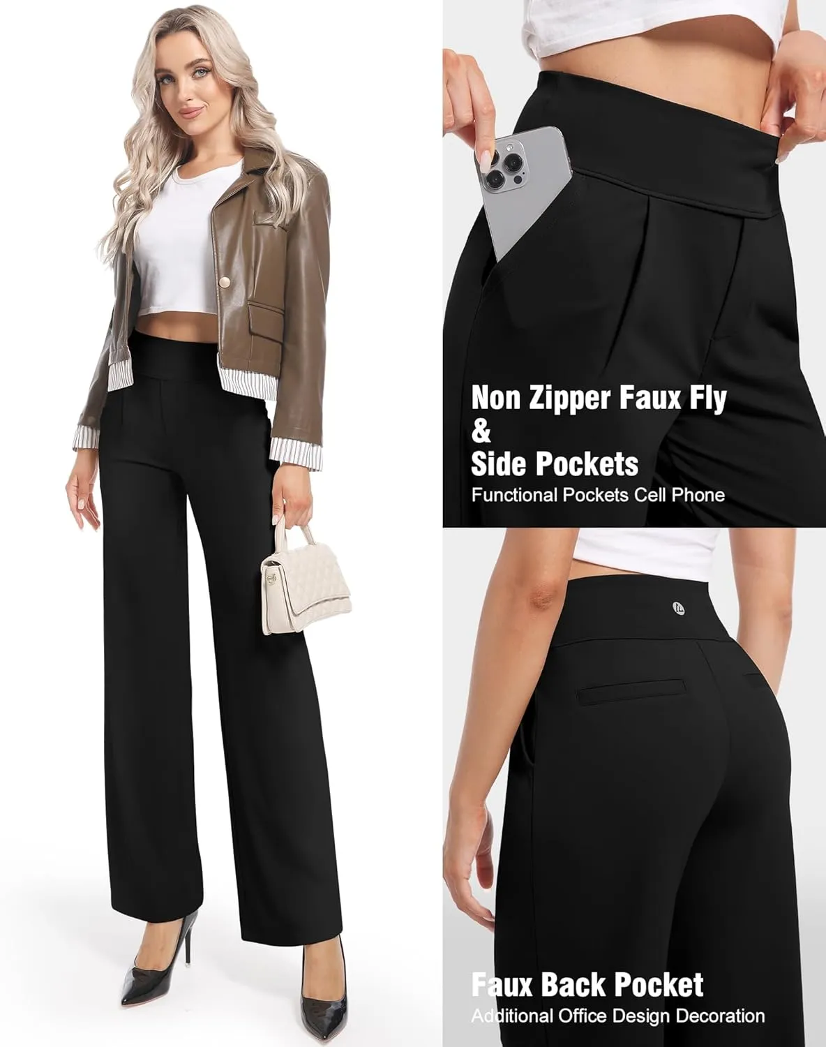 CL convallaria Womens Wide Leg Yoga Pants with Pockets Stretch Trousers Business Casual Dress Pant Petite Regular