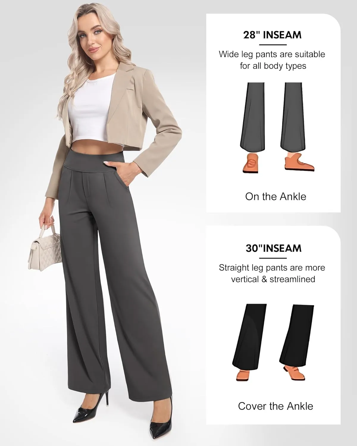 CL convallaria Womens Wide Leg Yoga Pants with Pockets Stretch Trousers Business Casual Dress Pant Petite Regular