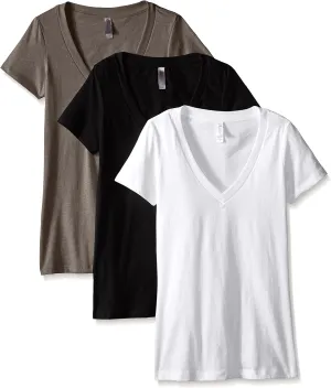 Clementine Apparel Women's Deep V Neck Tee (Pack of 3), Black/White/Warm Grey, X-Large