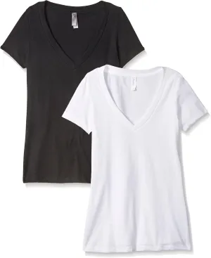 Clementine Apparel Women's Petite Plus 2-Pack Short Sleeve Deep V-Neck T-Shirt, Black/White, Large