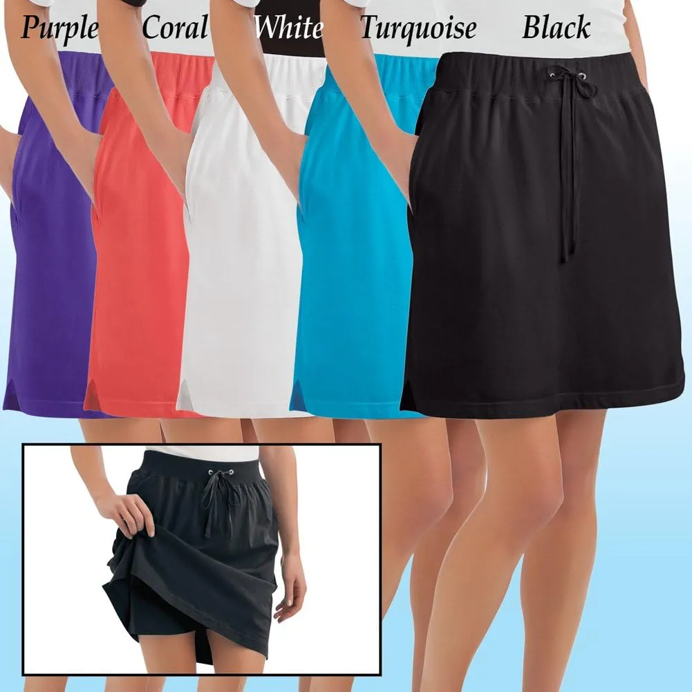 Collections Etc Drawstring Cotton Knit Pull-On Skort with Elastic Waistband - Casual Summer Apparel