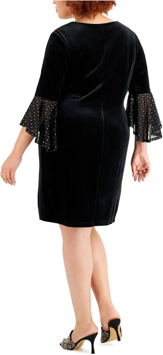 Connected Apparel Womens Stretch Embellished Ruffled Velvet Pullover 3/4 Sleeve V Neck Above The Knee Party Sheath Dress