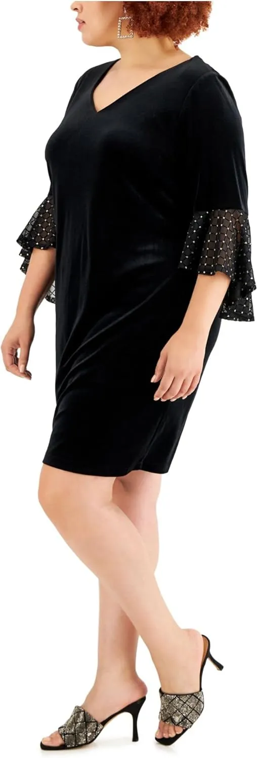 Connected Apparel Womens Stretch Embellished Ruffled Velvet Pullover 3/4 Sleeve V Neck Above The Knee Party Sheath Dress