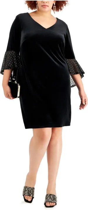 Connected Apparel Womens Stretch Embellished Ruffled Velvet Pullover 3/4 Sleeve V Neck Above The Knee Party Sheath Dress