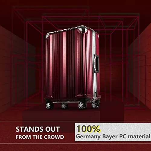 Coolife Luggage Aluminium Frame Suitcase with TSA Lock 100% PC (M(24in), Wine red)