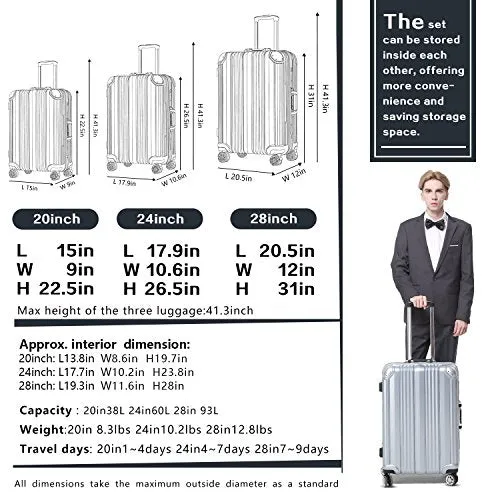 Coolife Luggage Aluminium Frame Suitcase with TSA Lock 100% PC (M(24in), Wine red)