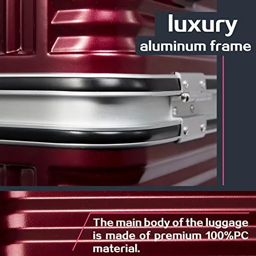 Coolife Luggage Aluminium Frame Suitcase with TSA Lock 100% PC (M(24in), Wine red)